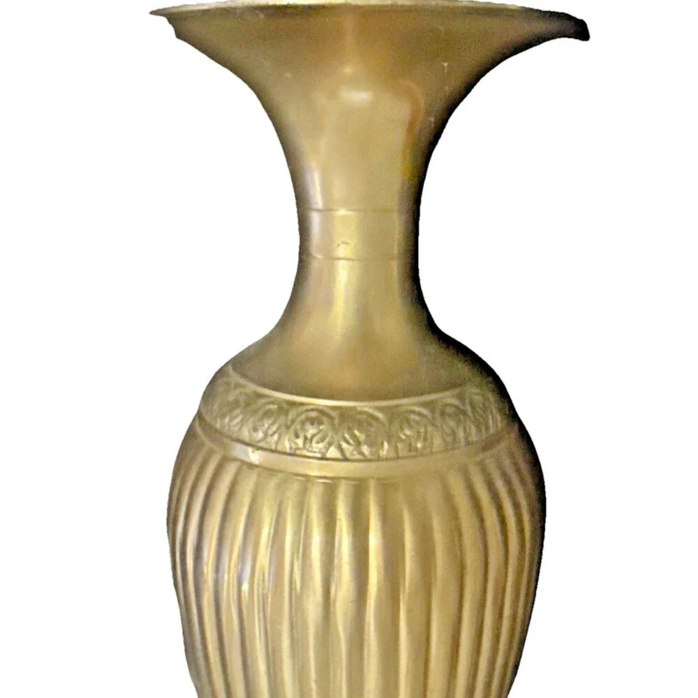 Vintage 1960s Solid Brass Urn Vase 12” Fluted Moradabad India Hand Chased Heavy
